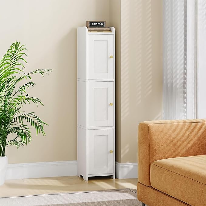 HEXCELEN Slim Bathroom Storage Cabinet, Narrow Cabinet with 3 Doors, Small Bathroom Organizers and Storage, Laundry Room Organization for Small Space, Kitchen, Living Room, White 022313X