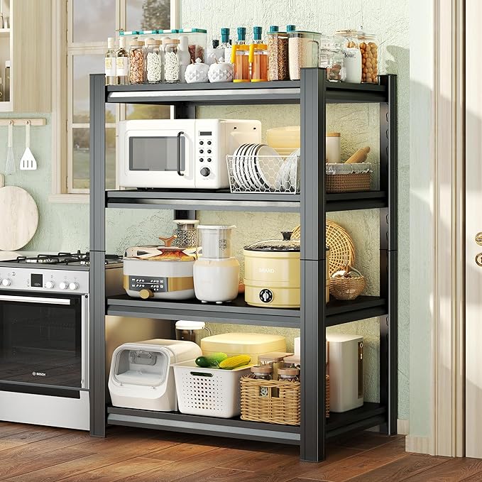 4-Tier Kitchen Shelf Organizer, Metal Pantry Shelves, Adjustable Storage Rack, Heavy Duty Metal Shelves for Pots, Pans, Bottles & Pantry Goods, Space-Saving, Black (54" Hx 31.5" W x15.7 D)