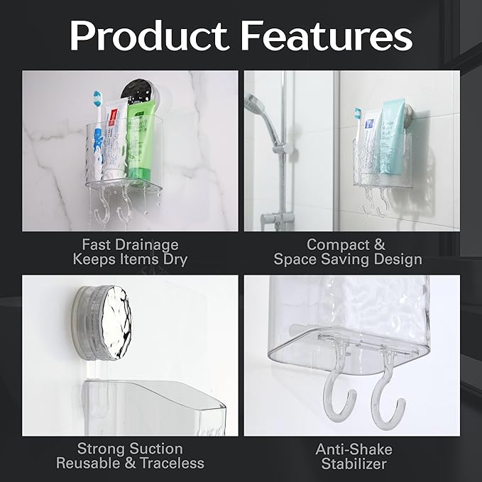 HOME&I Suction Cup Toothbrush Holder and Shower Caddy – Drill-Free, Removable, Powerful Suction Cup, Self-Draining Design for Bathroom & Kitchen – Holds Toothpaste, Razors, and Tableware
