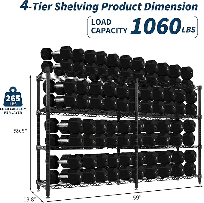 59.5" H 4-Tier Metal Storage Rack, Heavy Duty Wire Shelving Unit with Adjustable Shelves, 1060 Lbs Capacity for Kitchen, Pantry, Bedroom, or Corner Organization