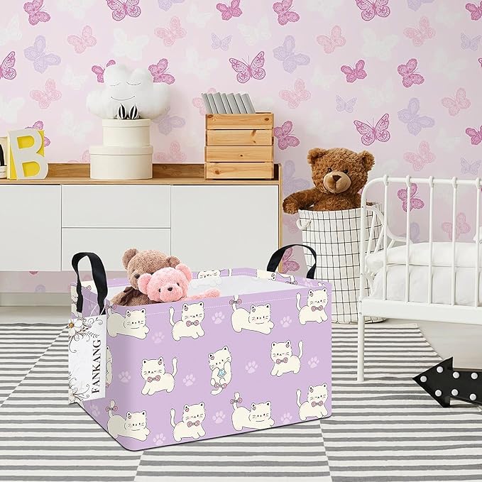 Storage Bins,Nursery Hamper Canvas Laundry Basket Foldable with Waterproof PE Coating Storage Baskets for Boys and Girls, Office, Bedroom, Clothes,Toys(Rec-Cat ）