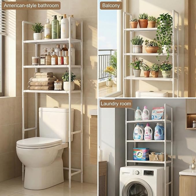 Renyqatt Over the Toilet Storage, 3-Tier Bathroom Organizer, Freestanding Above Toilet Shelf with Adjustable Feet, Space Saving, Easy Assembly, Carbon Steel Shelf, 61" H, White