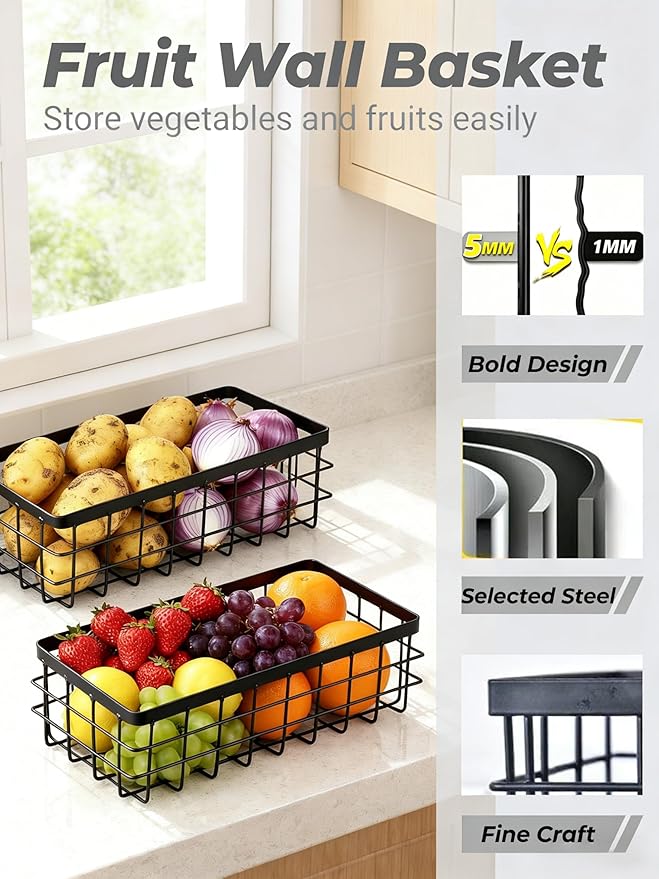 Hanging Wire Storage Baskets, Metal Small Wire Wall Organizer, Adhesive Wall Storage Shelves for Kitchen, Bathroom Pantry (Spice Rack, Cabinet Organizer, Shower Caddy) Black-2 Packs
