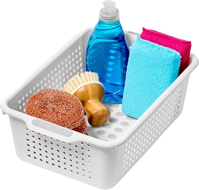 madesmart Small Storage Basket, Multipurpose Organizer with Soft-Grip Handles & Non-Slip Feet, Heavy-Duty Ventilated Design for Laundry, Bath & Kitchen, White, 12 x 8 x 4"