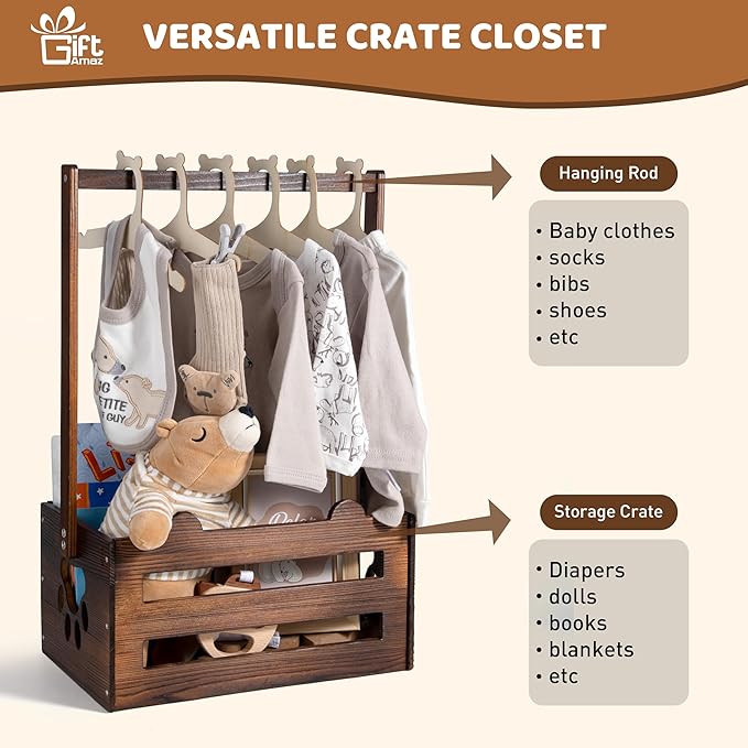 GiftAmaz Brown Wooden Baby Shower Crate Closet, Baby Storage Crate with Handle, Baby Shower Gifts Basket, Baby Welcome Box for Newborn Boys Girls, Pregnancy Gifts for New Parents