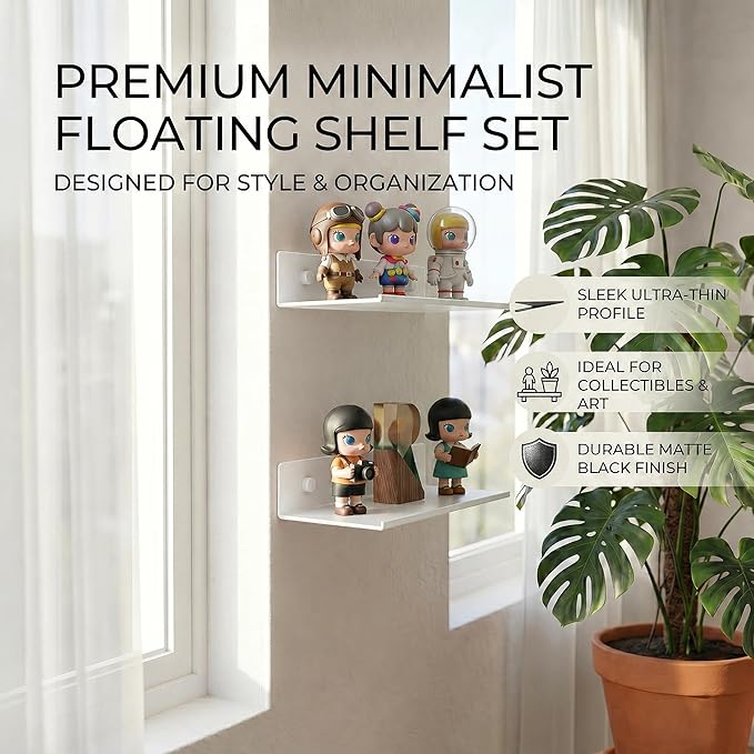 Z metnal Small Metal Shelves, Mini Floating Shelf for Collection Action Figures Speaker, Decor Display Wall Shelf, Aluminum, Wall Mounted, White, 10 inch, 2 Pack