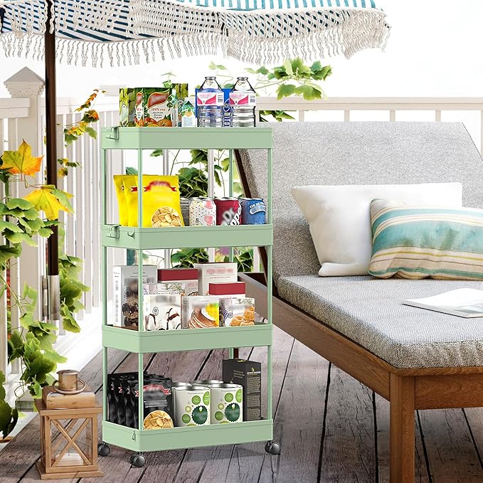 SPACEKEEPER Storage Cart 4-Tier, Bathroom Rolling Cart Utility Storage Organizer Shelf Mobile Shelving Unit for Kitchen Living Room Bathroom Laundry Room & Dressers, Green