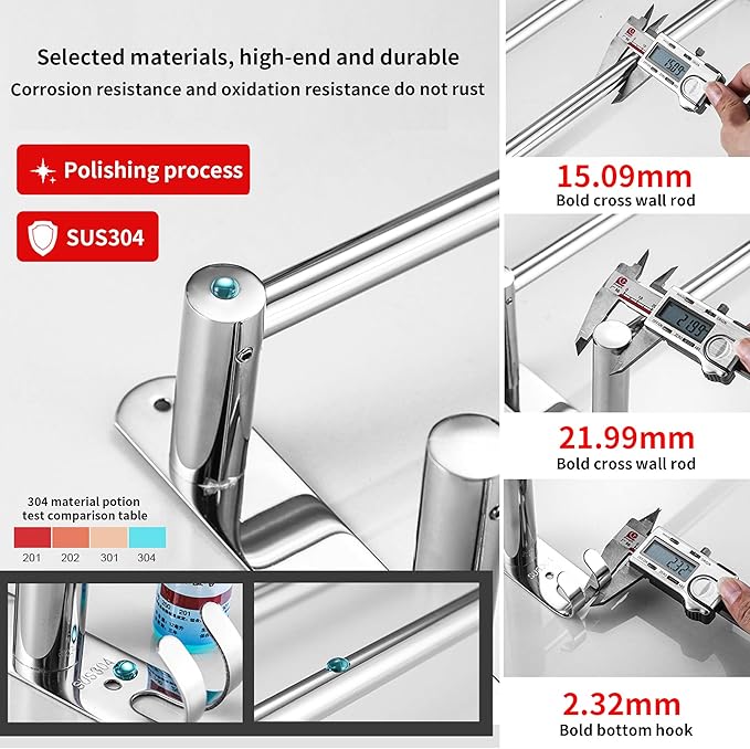 Towel Bars Freely Retractable 20-30 Inche Stainless Steel 304 Bath Towel Rack Strong 3M Adhesive Bathroom Wall-mounting Free mounting Hole-Installing washroom Kitchen Space Saving (2 Bars)