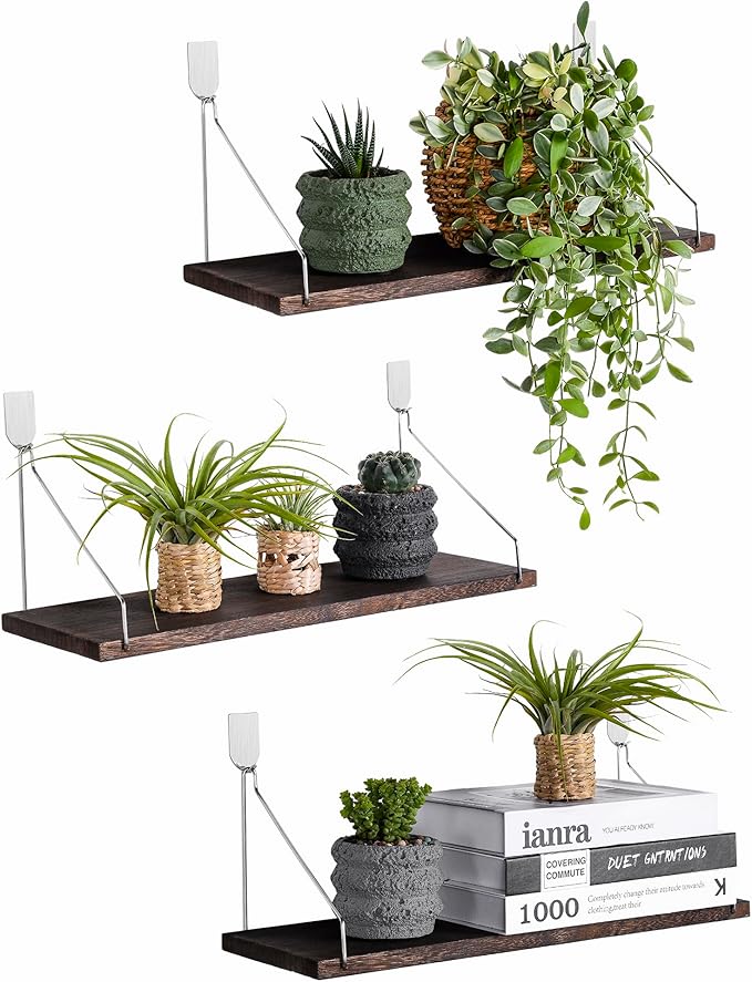 Floating Shelves Set of 3 Rustic Solid Wood Floating Shelf Wall Storage Shelves for Living Room, Bedroom, Bathroom, Kitchen Laundry, Office.no Drill Shelf(Retro Color L+L+L)