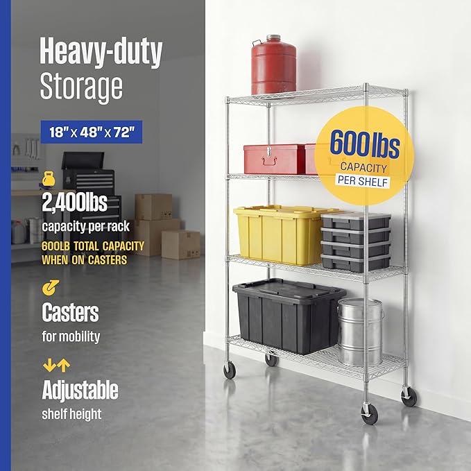 SafeRacks - NSF Certified Storage Shelves, Zinc, Heavy Duty Steel Wire Unit with Wheels and Adjustable Feet, Garage or Bakers Rack, Kitchen, Pantry Shelf - (18"x48"x72" 4-Tier) (Silver)