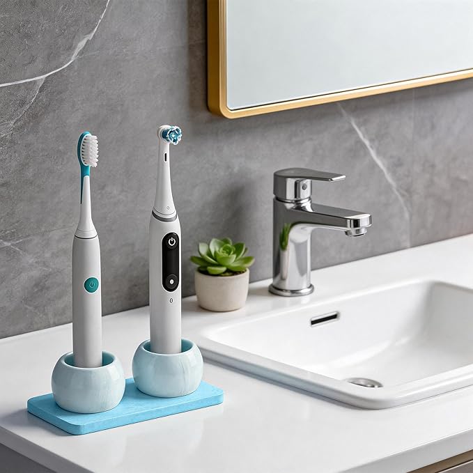 2 Pack Ceramic Toothbrush Holder with Diatomite Toothbrush Tray for Bathroom Shower Countertop Storage Organizer, Small Toothpaste Razor Electric Tooth Brush Head Stand (Blue)