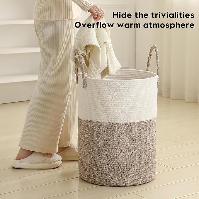 Laundry Basket Hamper Tall Rope Storage Woven for Blanket Toys Dirty Clothes in Living Room Bathroom Bedroom White & Brown 60L/15.8Gal