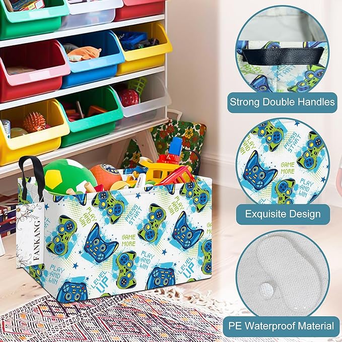 Storage Bins,Nursery Hamper Canvas Laundry Basket Foldable with Waterproof PE Coating Storage Baskets for Boys and Girls, Office, Bedroom, Clothes,Toys(Rec-Game ）
