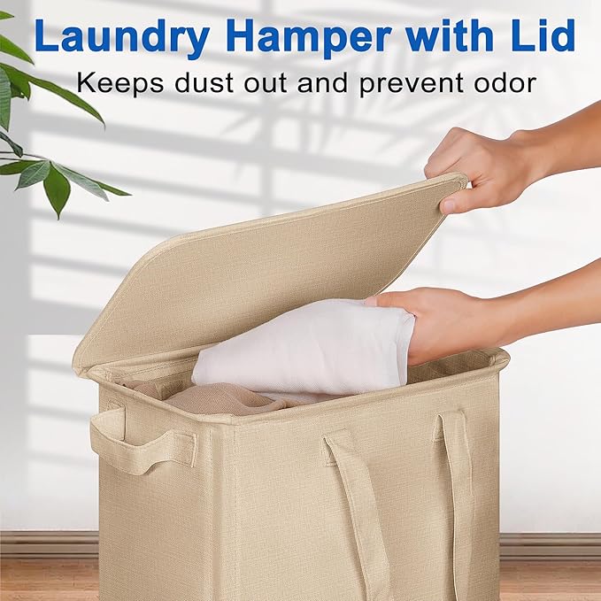 Vincona Slim Laundry Hamper with Lid and Wheels, Small Rolling Laundry Basket with Handle for Small Spaces, Tall Dirty Clothes Hampers for Dorm, Bathroom and Bedroom, 55L, Oatmeal