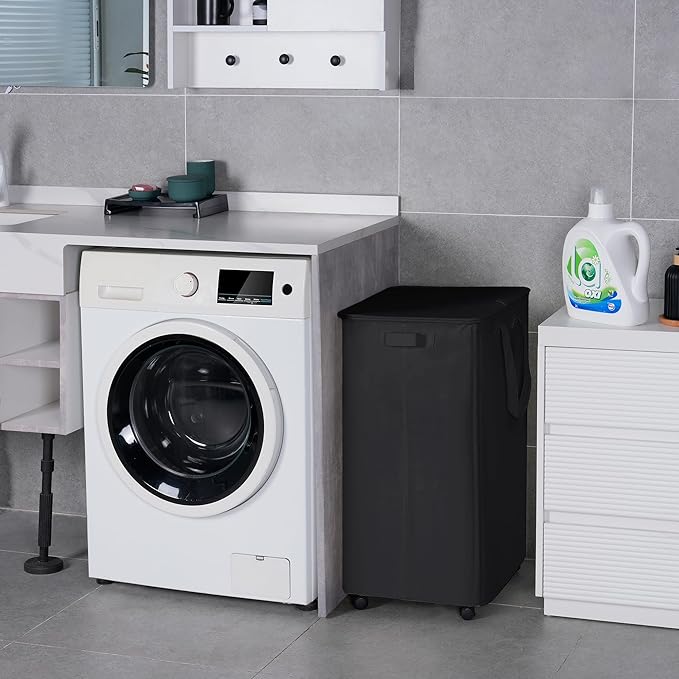 Vincona Slim Laundry Hamper with Lid and Wheels, Small Rolling Laundry Basket with Handle for Small Spaces, Tall Dirty Clothes Hampers for Dorm, Bathroom and Bedroom, 95L Black