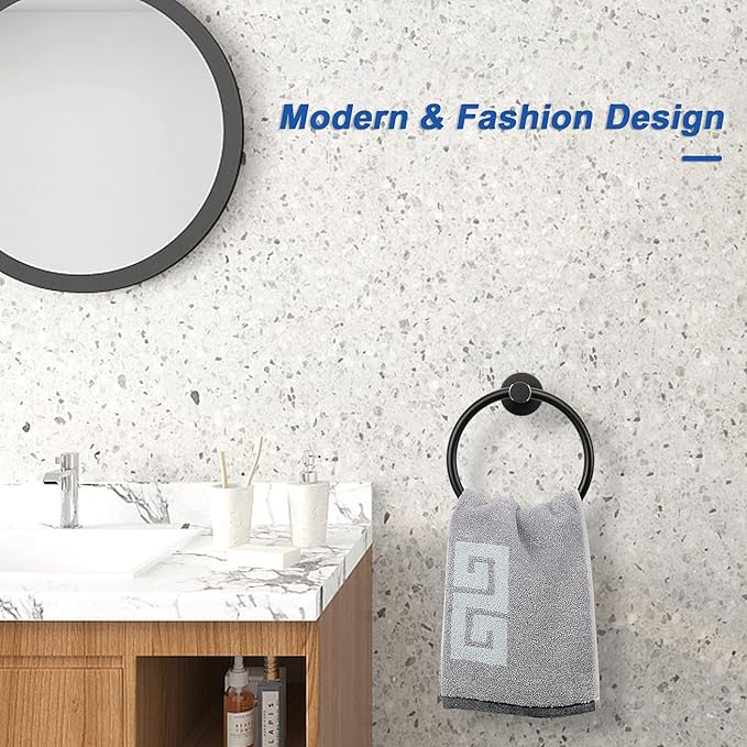 NearMoon Bath Towel Ring, Bathroom Hardware Accessories-Thicken Stainless Steel Hand Towel Holder for Bathroom, Modern Round Towel Hanger Wall Mounted (Matte Black, 1 Pack)