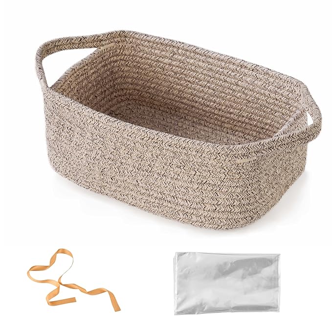 Small Woven Gift Basket Empty with Bag & Ribbon - Gifts for Mom, Baby Shower, Birthdays & Raffle - Cotton Rope Storage Basket for Dog Toys or Shelf - 12"x8"x5", Mixed Brown