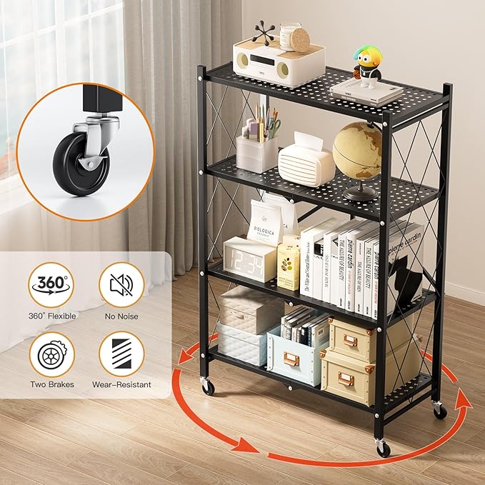 HealSmart Heavy Duty 4-Tier Foldable Metal Rack, 14.96" D x 27.95" W x 49.61" H Storage Shelving Unit 1000 lbs with Wheels Moving Easily Organizer Shelves Great for Garage Kitchen, Black