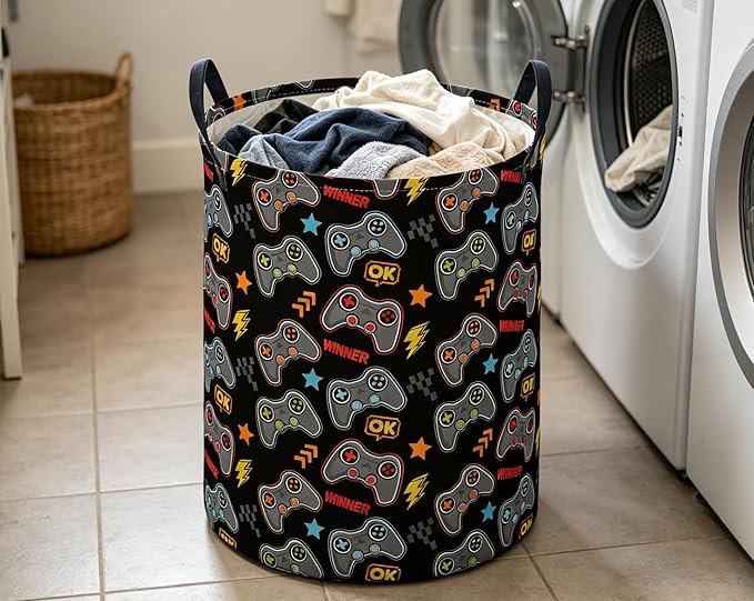 ESSME Kids Laundry Basket,Game Hamper Collapsible Canvas Waterproof Storage Bin for Boys, Cute Hamper,Gift Baskets(Game)