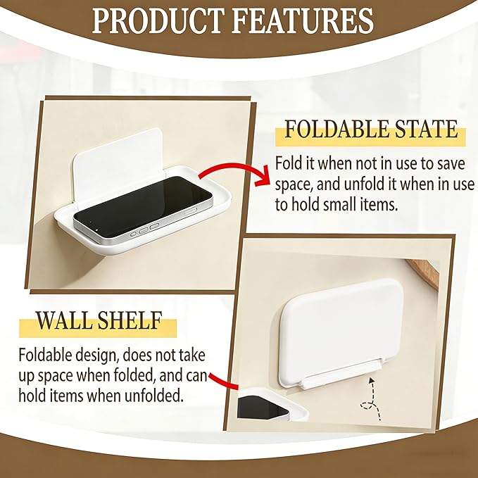 2 Pcs Small Shelf for Wall, Foldable Bedside Shelf & Small Wall Shelves No Drill Adhesive Folding Shelf, Stick-on Floating Wall Rack Organizer Tray for Bedroom Bathroom Kitchen Entryway, White