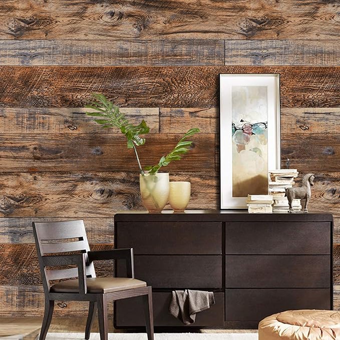 WENMER 17.71" x 590" Brown Wood Wallpaper Peel and Stick Wallpaper Shiplap Self Adhesive Wall Paper Wood Contact Paper Removable Contact Paper for Cabinet Countertop Shelf Drawer Wall Door