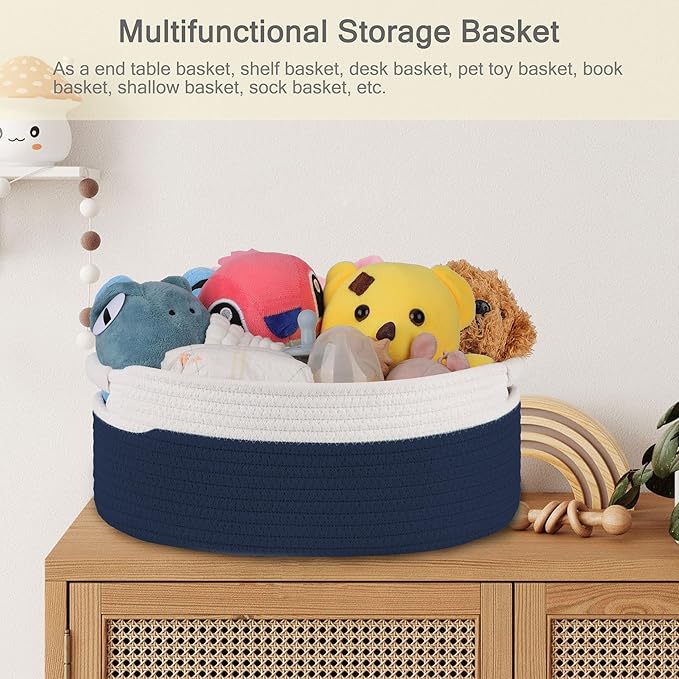 Small Woven Basket with Gift Bags and Ribbons, Empty Baby Gift Baskets for Kids Women Men, Shelf Storage, Small Cat Dog Pet Toy Boxes, 13”x 9”x 5.5”, Navy Blue