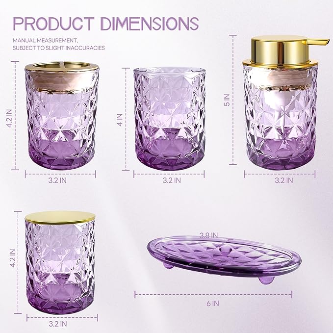 5PCS Bathroom Accessory Set,Purple Bathroom Countertop Organizer Set with Soap Dispenser, Toothbrush Holder, Tumbler, Q-tip Holder & Soap Dish,Elegant Functional Glass Set, Gift for Home & Apartment
