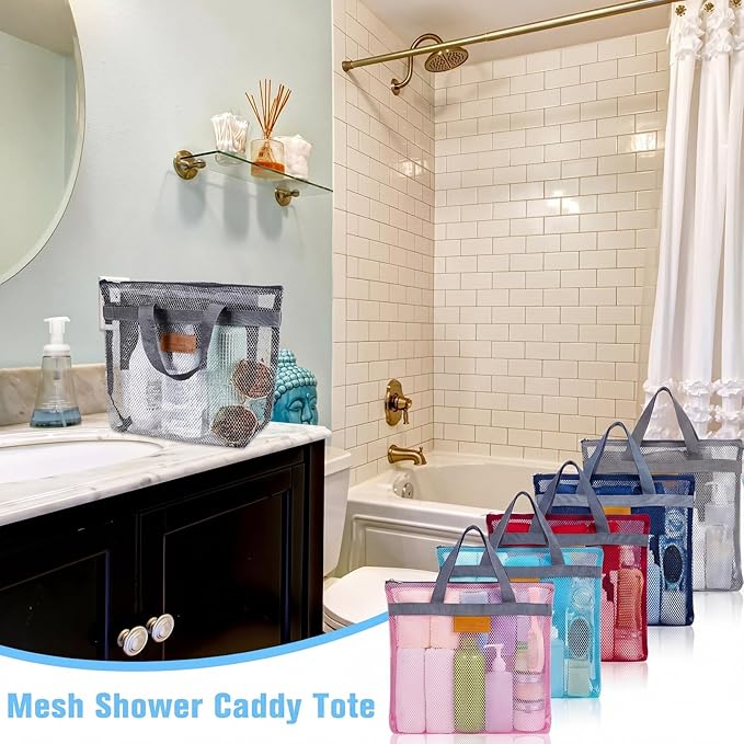 Tudomro 10 Pcs Mesh Shower Bag Caddy Tote Portable Quick Dry Tote Bag Lightweight Hanging Toiletry Bath Organizer for College Dorm Gym Swimming Beach Travel Games Sports (Gray Handle)