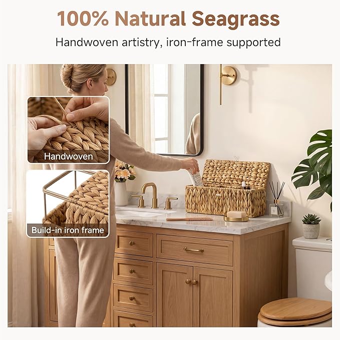 StorageWorks Toilet Paper Storage Basket with Lid, Large Wicker Baskets with 3 Compartments, Water Hyacinth Toilet Tank Basket for Shelves, Bathroom Organizer, 16½"x 5½"x 5½, 1-Pack