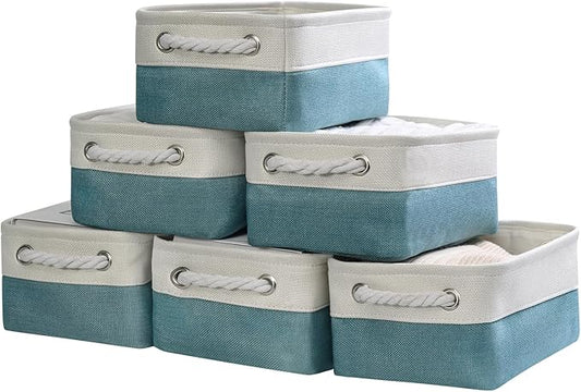TheWarmHome Storage Bins for Shelves - Small 6 Pack 11.8x7.8x5.2 inch Sturdy Storage Basket W/Handles, Decorative Foldable Storage Baskets for Organizing Closet Nursery Toy(White & Green)