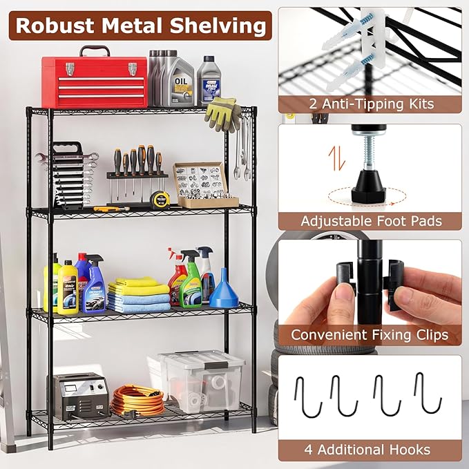 GOFLAME 4-Tier Metal Storage Shelving Unit, Heavy-Duty Adjustable Utility Shelf with V-Shaped Wire Rack, 600 LBS Storage Organizer for Home, Kitchen, Garage, Basement, 36”L x 14”W x 54.5”H