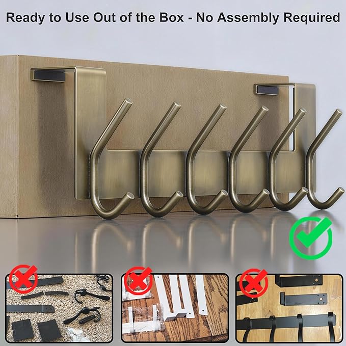 WEBI Over The Door Hooks,Door Hanger,Over Door Towel Rack,Door Coat Rack Hanger,6 Hooks for Hanging Towels,Clothes,Hats,Behind Back of Bathroom,Bronze,2 Packs