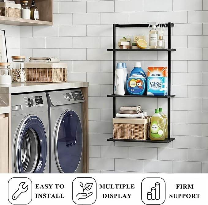 3-Tier Over the Toilet Storage Rack, Metal Wood Wall Mounted Floating Shelves for Bathroom Living Room Office, Black