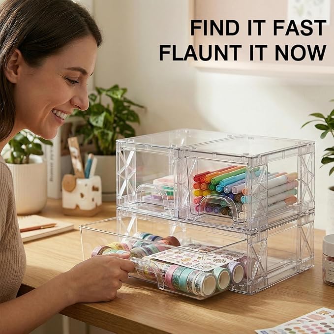 Stackable Storage Drawers 3 Pack Bathroom Undersink Organizers Simply Assembled Plastic Bins, Containers for Cosmetics, Bathroom, Kitchen, Cabinets, Snack