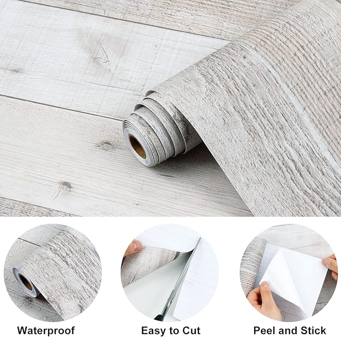 Wenmer Grey Wood Shiplap Peel and Stick Wallpaper - 17.71" x 708" Self-Adhesive Wood Plank Wallpaper for Cabinets, Kitchen Shelves, Drawers, Walls and Doors