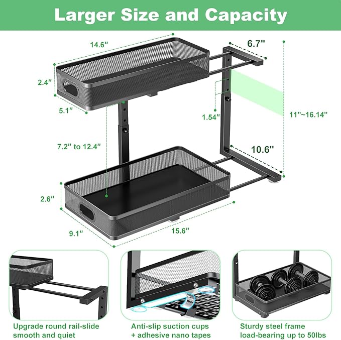 Under Sink Organizer 2 Pack, High Adjustable 2 Tier Under Sink Organizers and Storage, Slide out Metal Cabinet Organizers, Pull out Storage Drawer Shelf for Kitchen Bathroom Cabinet