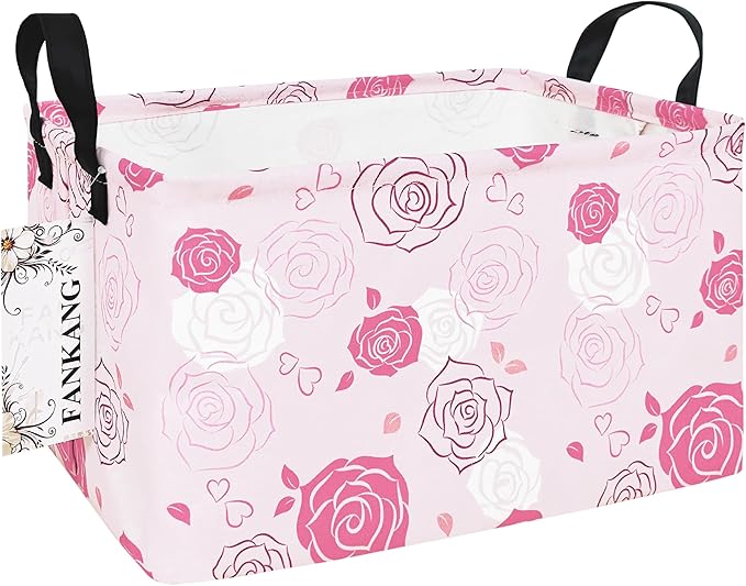 Storage Bins, Nursery Hamper Canvas Laundry Basket Foldable with Waterproof PE Coating Large Storage Baskets for Kids Boys and Girls, Office, Bedroom, Clothes,Toys(Rec-Pink roses ）