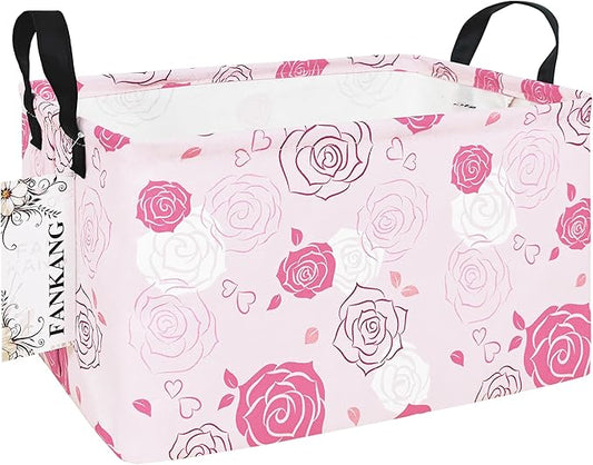 Storage Bins, Nursery Hamper Canvas Laundry Basket Foldable with Waterproof PE Coating Large Storage Baskets for Kids Boys and Girls, Office, Bedroom, Clothes,Toys(Rec-Pink roses ）