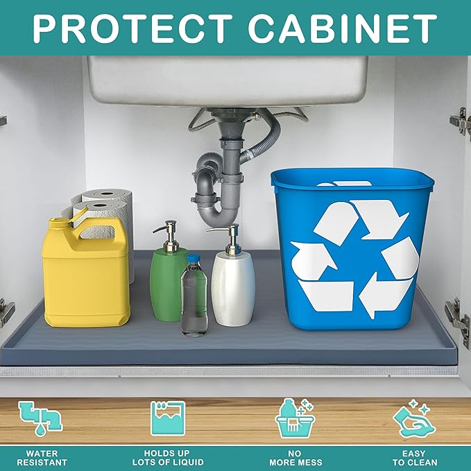 URMONA Waterproof Silicone Under Sink Mat 22'' x 19'' Shelf Liner for Kitchen and Bathroom, Cabinet and Counter Protector, Storage and Organizers, Litter Mat, Pet Cat Puppy Essentials(Navy)