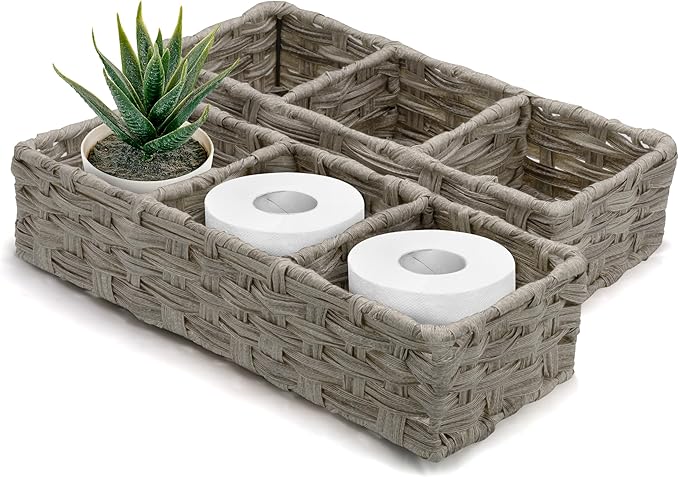 BROOKSTONE, [2 PACK SET] Wicker Storage Basket, Boho Organization and Storage Container, Decorative Shelf Bin, Over the Toilet Paper Reserve, Suitable for Any Home Décor Style