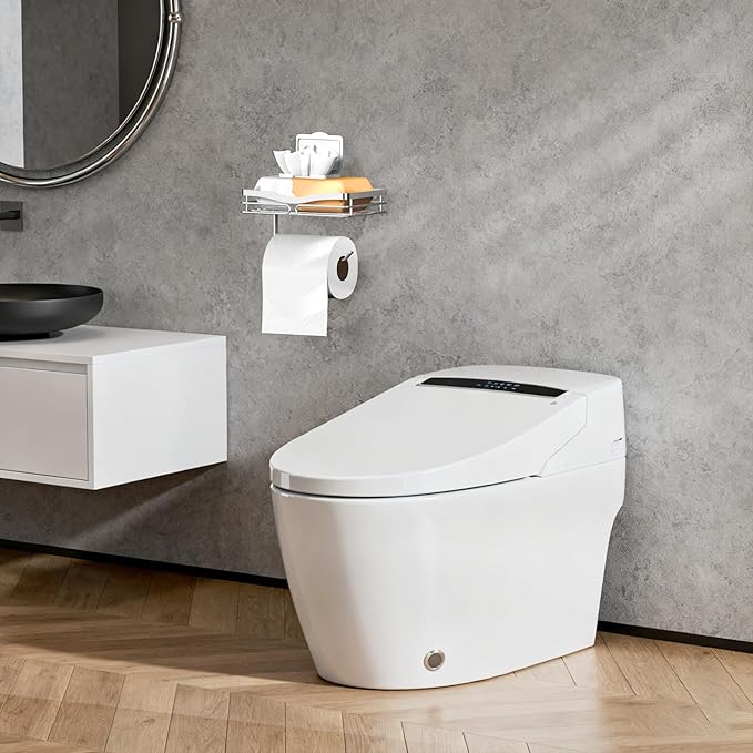 YIGII Toilet Paper Holder with Shelf, Adhesive or Drilling Toilet Paper Roll Holder for Bathroom, Rustproof Tissue Roll Holder Wall Mounted for Wipe Storage (Silver)