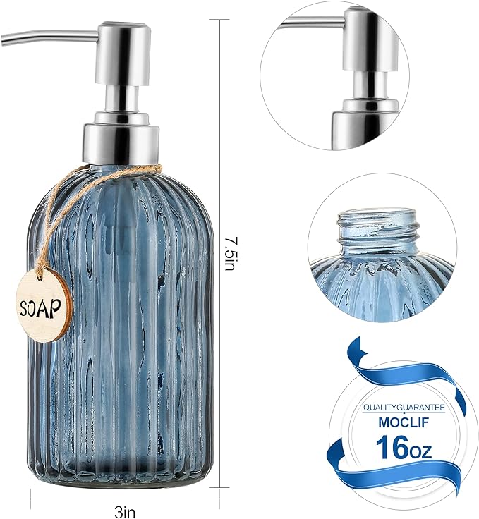 MOCLIF 16 OZ Soap Dispenser，Tempered Glass Clear Vertical Stripe with 304 Rust Proof Stainless Steel Pump Refillable Liquid Hand Soap Dispenser，for Bathroom, Kitchen, Dish Soap，Lotion (Blue Grey)