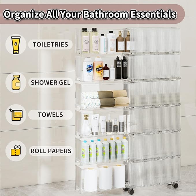 KHNR Slim 6 Tier Bathroom Storage Cabinet with Wheels, Narrow Gap Organizer Shelf, Tower for Shampoo, Towels, Toilet Paper Toiletries, Perfect for Bathroom Corner or Beside Toilet, Clear White