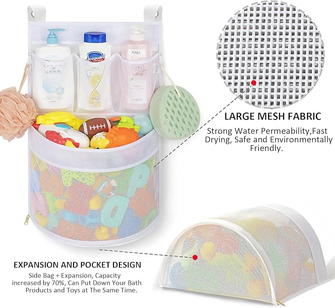 Ligereza Baby Bath Toy Organizer, quick drying， and mould proof, Multiple-Suspension Bath Toy Holder, Large Capacity Multi Use Bathtub Toy Storage Bag（1 Large, White）