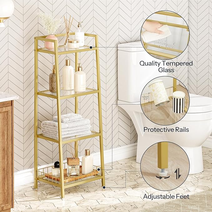 HOOBRO Gold Glass Shelf Stand, 4 Tier Standing Shelf Unit, Bathroom Organizer and Storage, Floor Storage Shelves Waterproof, for Bathroom, Laundry, Toilet, Tempered Glass, Gold GD79CJ01