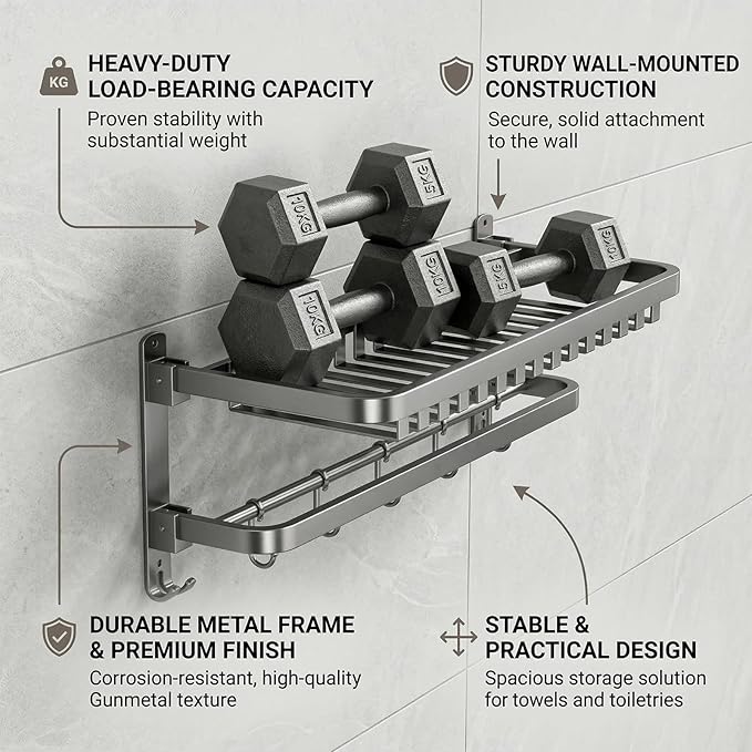 24 inch Towel Rack for Bathroom Wall Mounted, 2 Tier Foldable Bathroom Shelf with Tower Bars, Sturdy&Durable Aluminum Bath Towel Holder Lavatory Storage Organizer