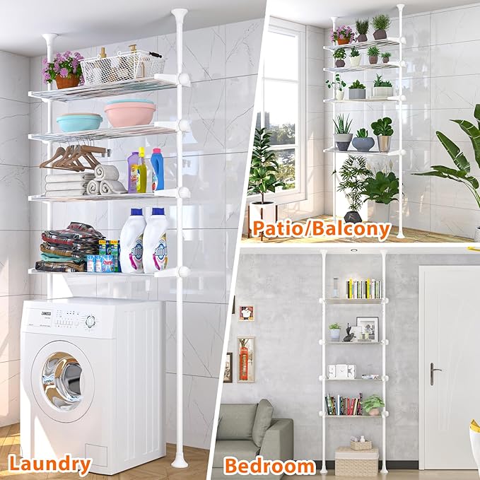 4-Tier Over The Toilet Storage Shelf, 4.5-9.5 FT Adjustable Bathroom Organizer, Heavy Duty Metal Shelves Above Behind Toilet Laundry, Space-Saving Shelving for Small Rooms, No Drill, White