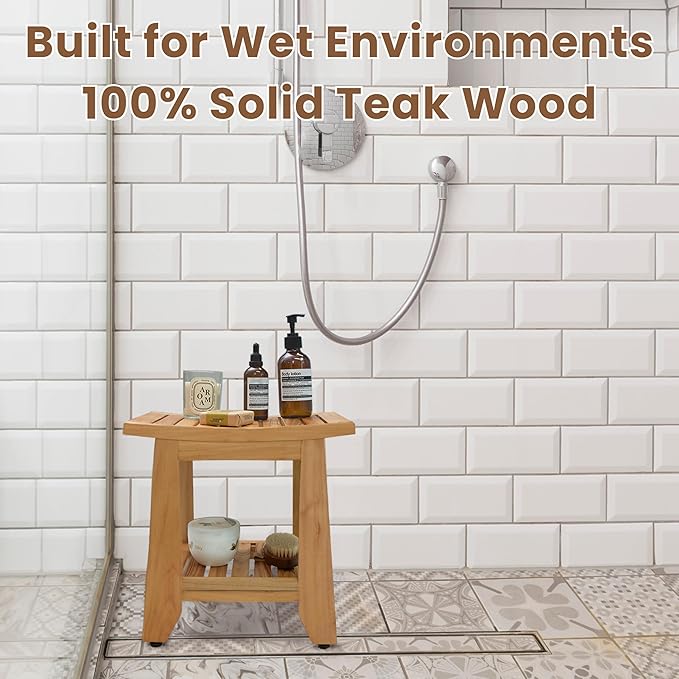 Teak Shower Bench Stool, 14'' Compact Waterproof Wooden Sauna Bath Bench with Storage Shelf, Non-Slip Solid Teak Shower Seat Chair for Small Bathrooms Inside Shower and Outdoor Use