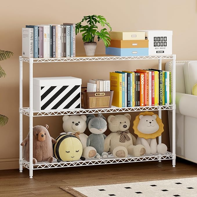 Homeiju 3-Shelf Storage Rack, 41" Wide Adjustable Standing Metal Shelving Unit with Removable Wooden Boards, Heavy Duty for Pantry, Bathroom, Garage, Entryway, Plant Stand, White