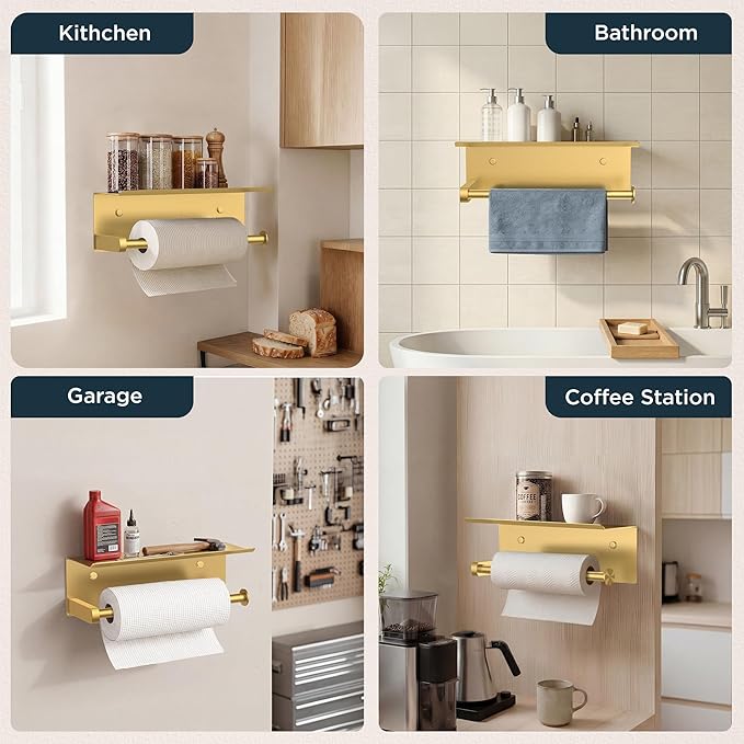 FORIOUS Paper Towel Holder with Shelf, SUS304 Stainless Steel Paper Towel Holder with Storage Shelf, Wall Mount Screw Paper Roll Organizer Commercial Paper Hand Towel Dispensers, Brushed Gold